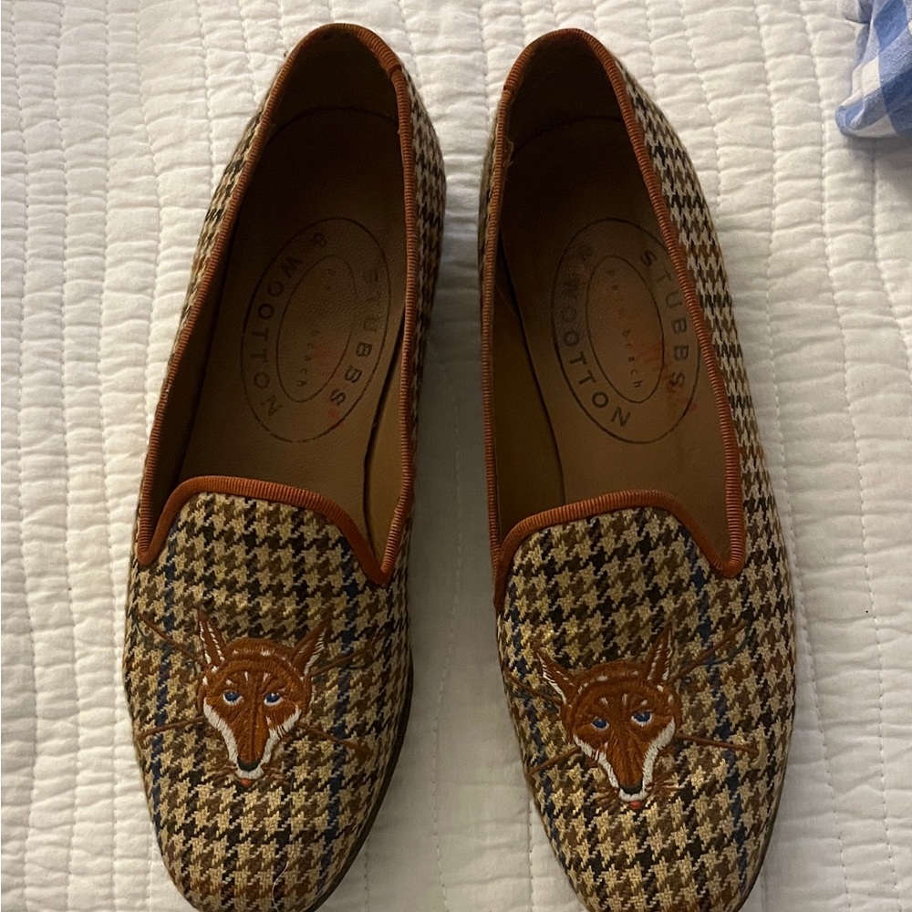 Stubbs & Wootton Tan Houndstooth Loafers with Fox Embroidery